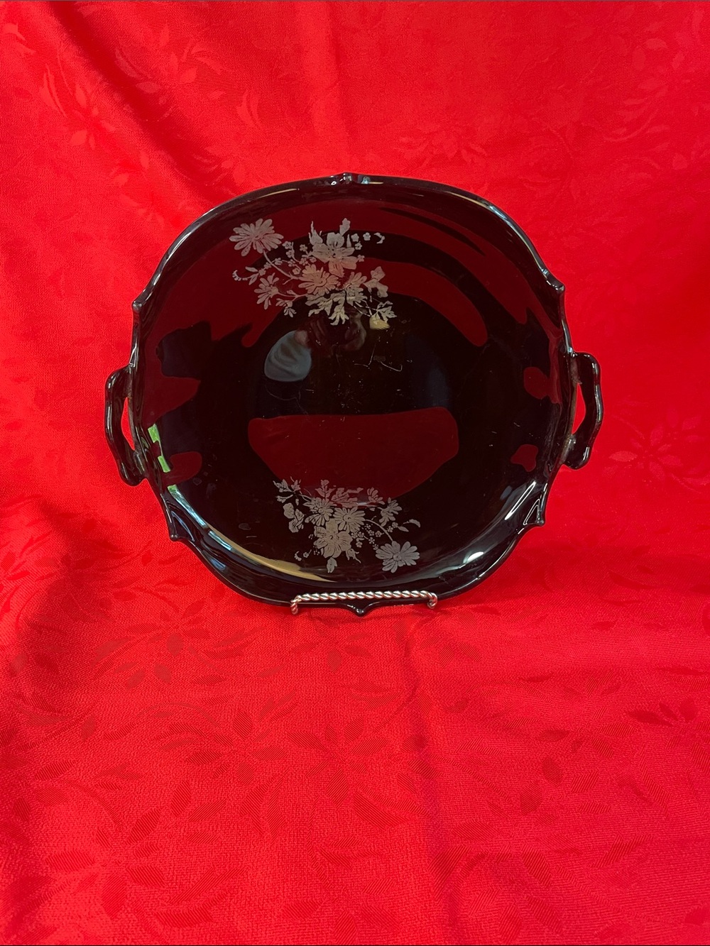 My. Pleasant Black Amethyst Decorative  Silver Floral Glass Cake Stand/Bowl Tray